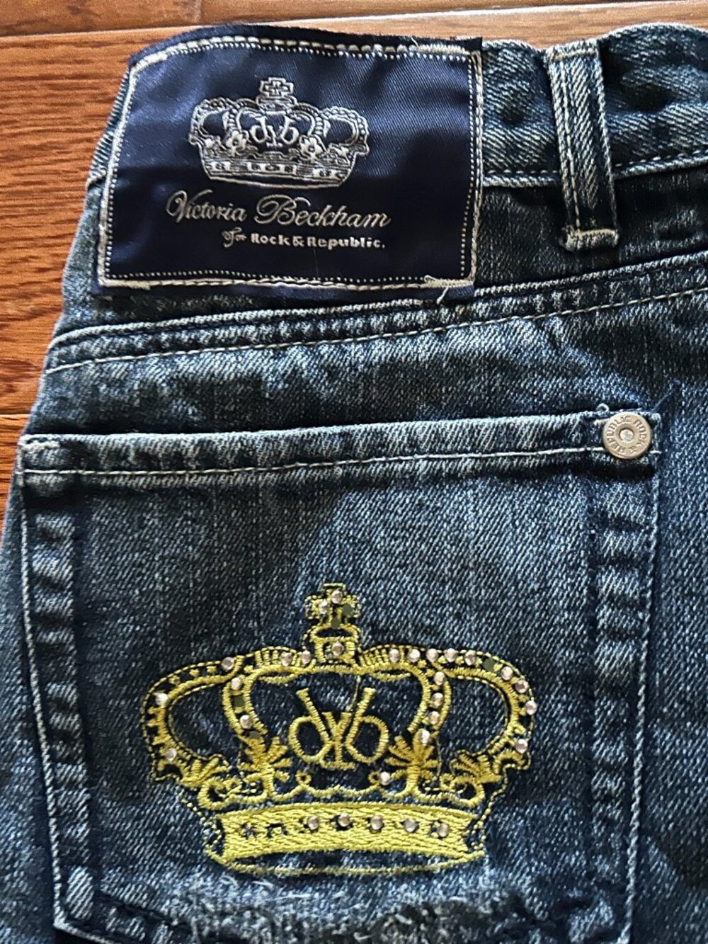 Victoria Beckham for Rock & Republic Y2K Rhinestone Crown Denim Mini Skirt
